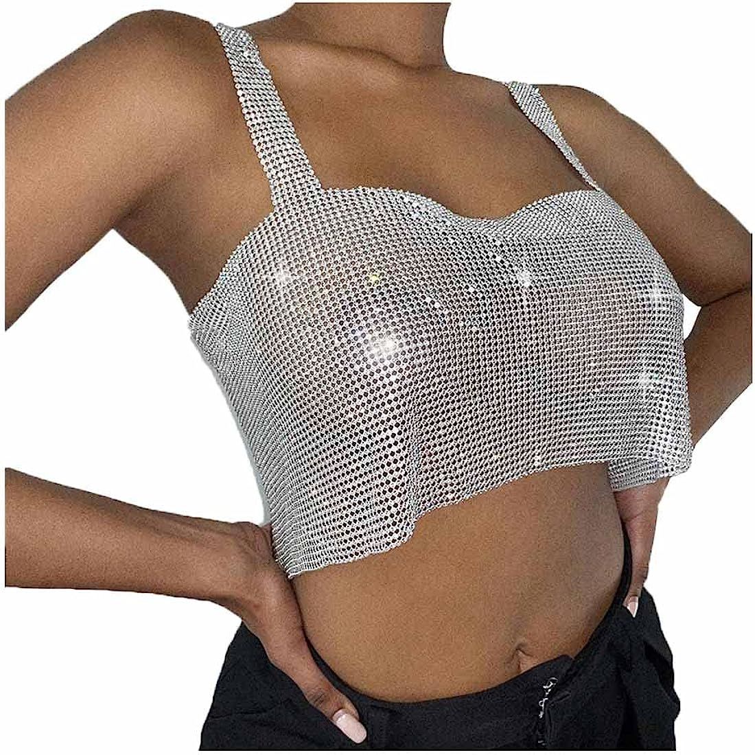 Fstrend Crystal Rhinestones Crop Top Sparkly Gold Halter Tank Top Shirts | Amazon (US)