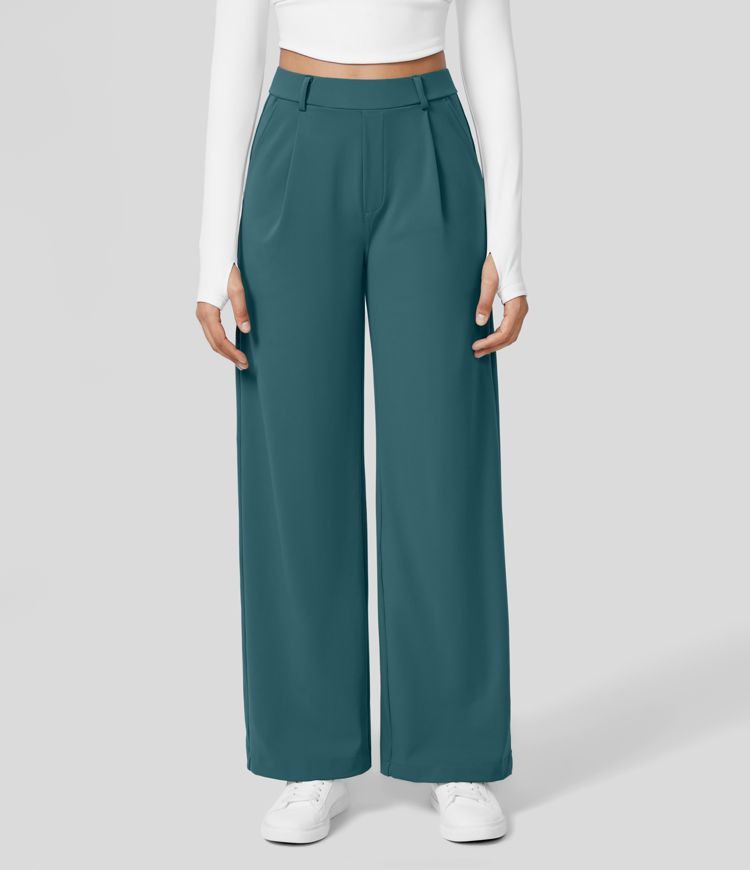 High Waisted Plicated Side Pocket Straight Leg Work Pants | HALARA