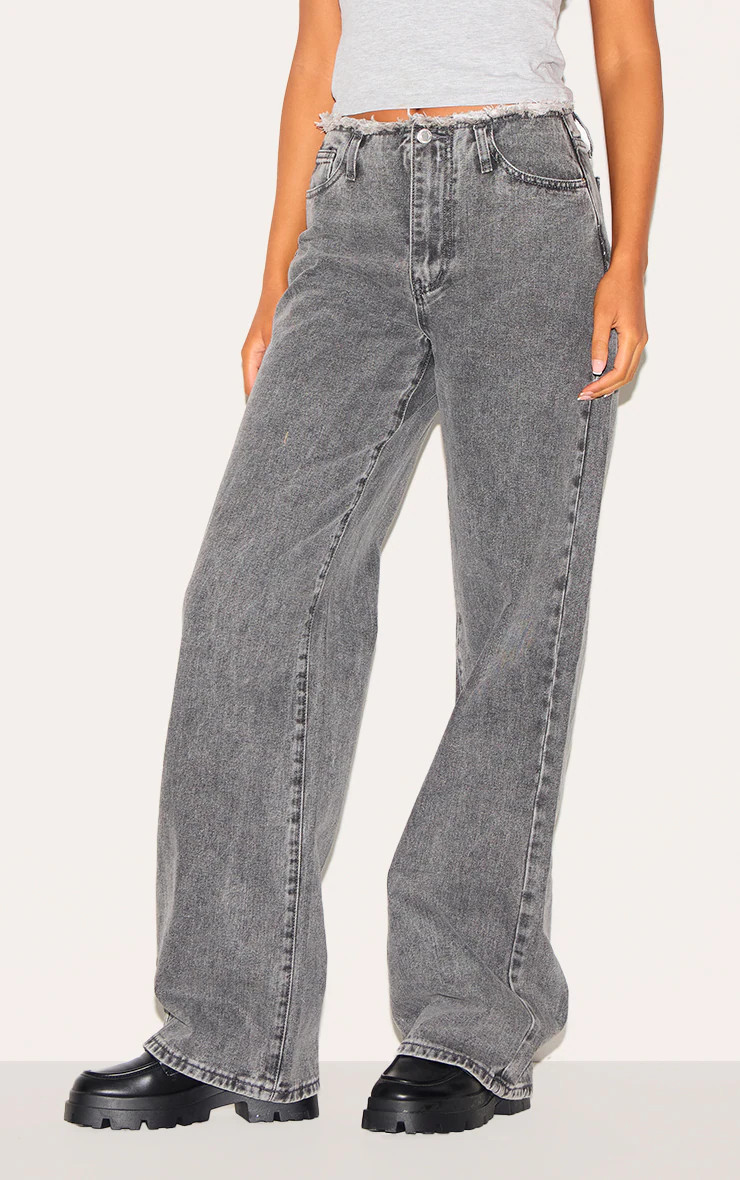 Tall Grey Fray Waist Low Rise Straight Leg Jeans | Tall | PrettyLittleThing UK