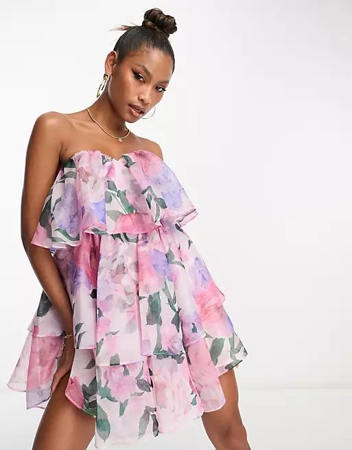 ASOS LUXE chiffon bandeau tiered mini dress in floral print | ASOS (Global)