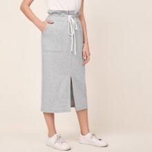 Drawstring Waist Slant Pocket Split Hem Skirt | SHEIN
