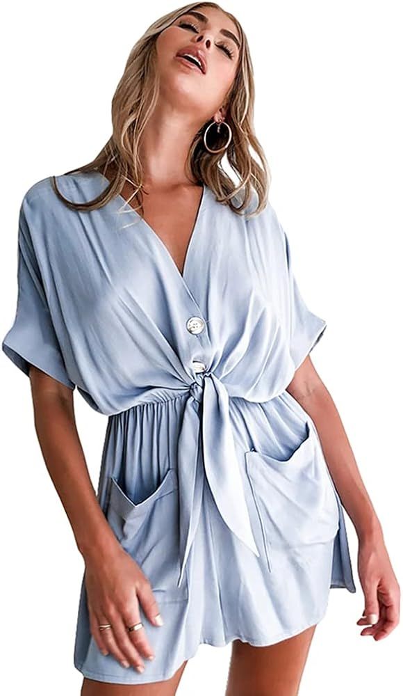 Lielisks Sexy Romper for Women V Neck Button Rompers Short Sleeve Jumpsuit Loose Playsuits with P... | Amazon (US)