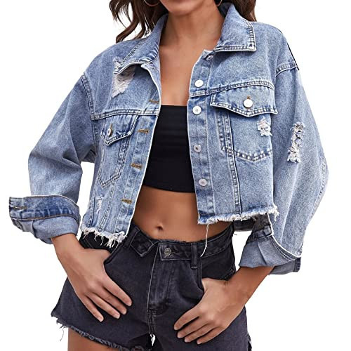 LONGYIDA Denim Jackets for Women Button Down Distressed Cropped Jean Jacket Long Sleeve Frayed Ripped Blue Jean Coat(Light Blue03,L) | Amazon (US)