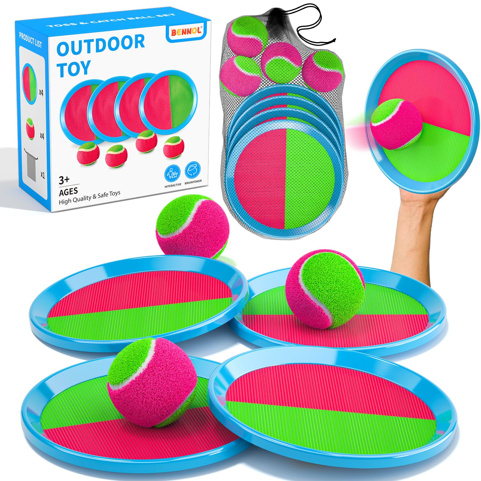 Bennol Toss and Catch Ball Game for Kids, 4 Paddles, 4 Balls & Storage Bag, Outdoor Toys for Ages 3-10, Yard Backyard Beach Games | Amazon (US)