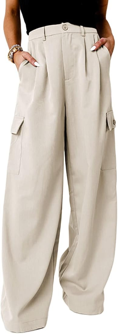 Dokotoo Womens High Waisted Wide Leg Cargo Pants Baggy Casual Combat Military Pants with 4 Pockets | Amazon (US)