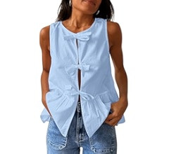 Women Casual Sleeveless Bow Tie Front Peplum Tank Tops Cute Summer Going Out Ruffled Loose Babydo... | Amazon (US)