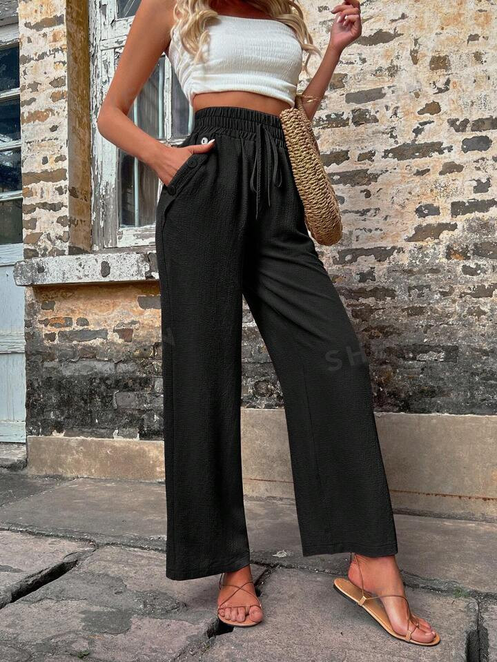 SHEIN VCAY Solid Slant Pocket Wide Leg Pants | SHEIN