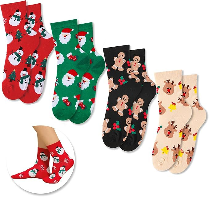 4 PAIRS Christmas Socks Santa Socks For Women Fun Novelty Socks Crew Socks Multi-Packs | Amazon (US)
