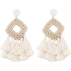 Handmade Long Tassel Earrings Rattan Knit Fringe Geometric Square Round Statement Dangle Drop Ear... | Amazon (US)