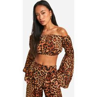 Womens Leopard Long Sleeve Off The Shoulder Beach Top - Multi - L | boohoo (US & Canada)