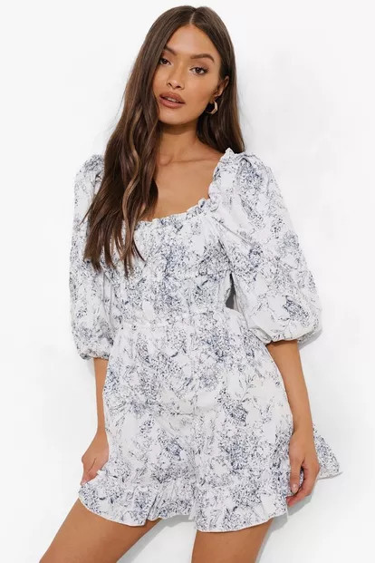 Porcelain Print Puff Sleeve Ruched Romper | Boohoo.com (US & CA)