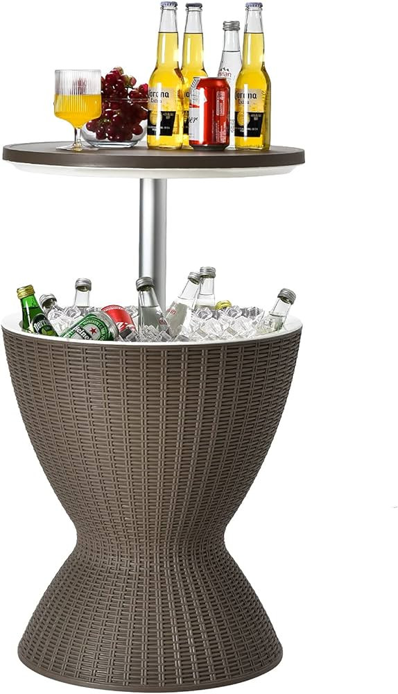 UIIAIOUIAIO Outdoor Patio Rattan Cool Bar Table, 3-in-1 Ice Bucket w/Height Adjustable Top, Drain... | Amazon (US)