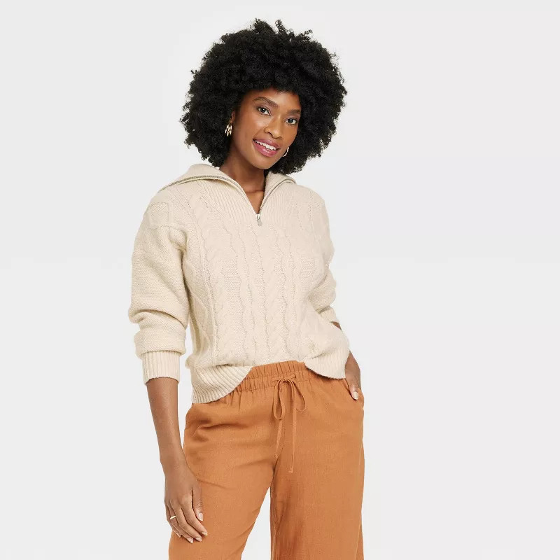 Women's Quarter Zip Sweater - A New Day™ Cream S | Target