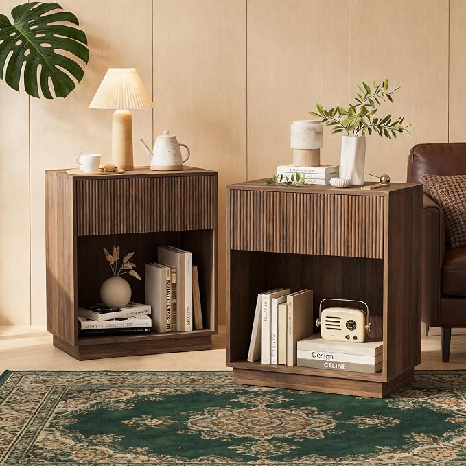 Fluted Nightstands Set of 2, Modern Bedside Table with Storage Drawer and Open Wood Shelf, Wood E... | Amazon (US)