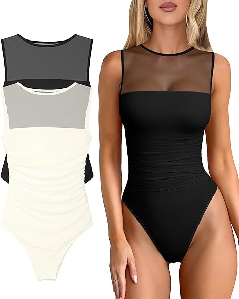 OQQ Women 2 Piece Bodysuit Mesh Ruched Sleeveless Turtle Neck Shapewear Body Suits One Piece Leot... | Amazon (US)