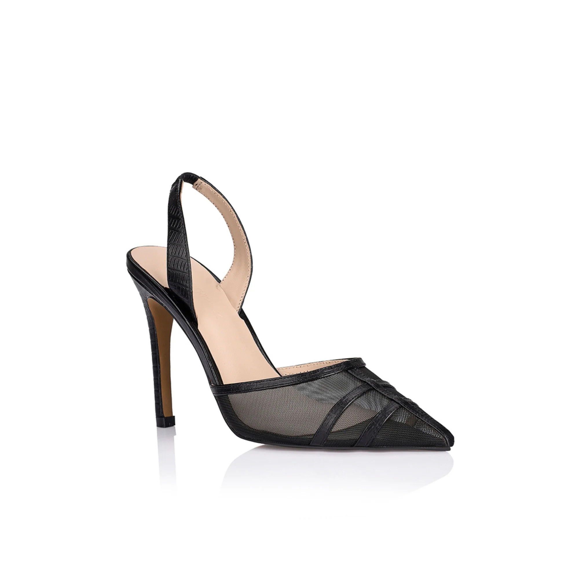 Jade Slingback Heel Black Mesh & Lizard-Embossed Leather | Lana Wilkinson