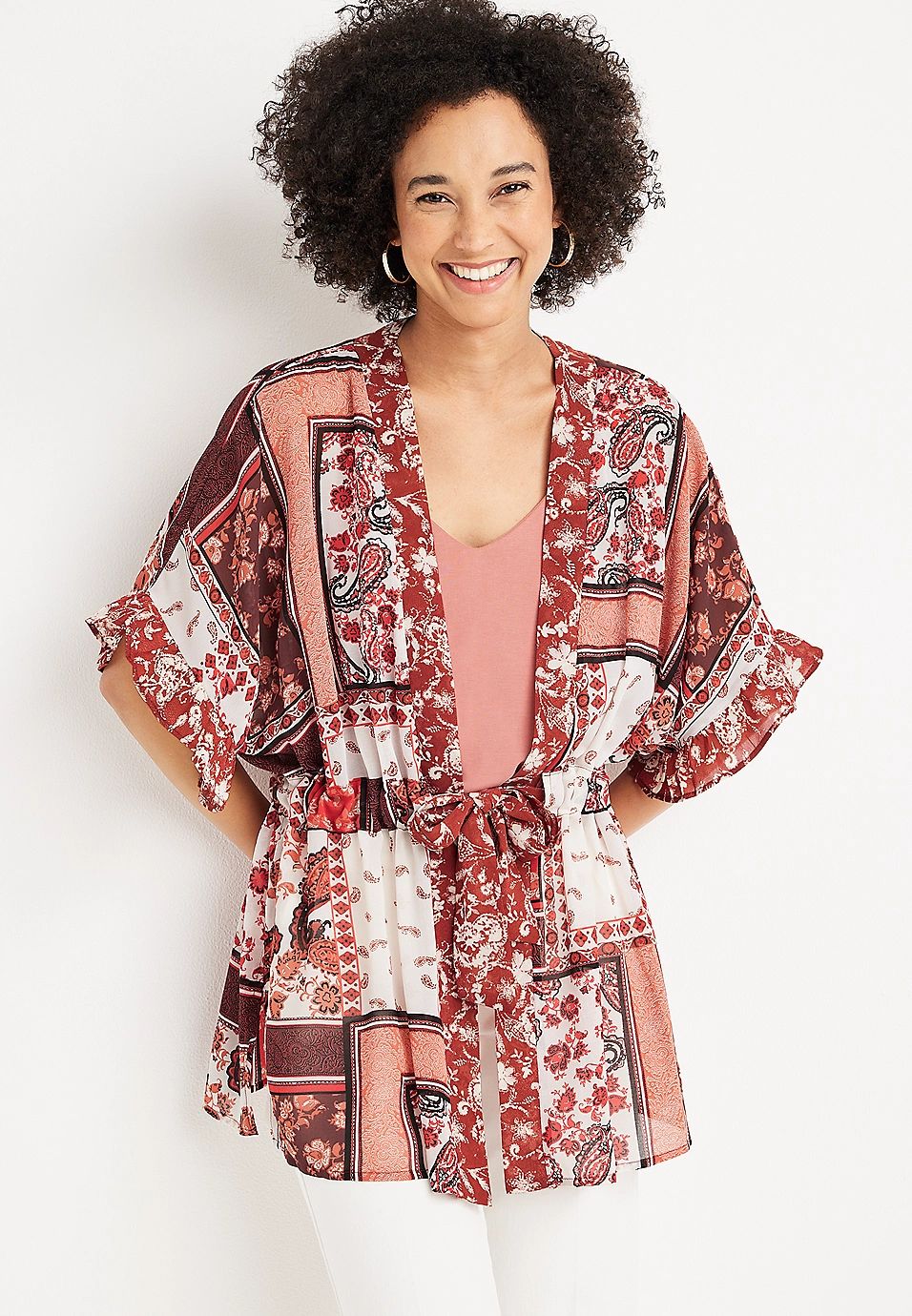 Red Paisley Patchwork Flutter Sleeve Kimono | Maurices