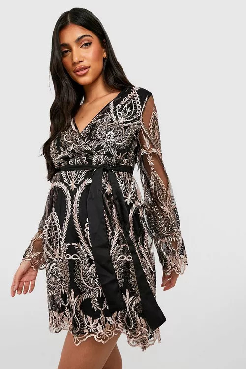 Maternity Damask Sequin Wrap Skater Dress | Boohoo.com (US & CA)