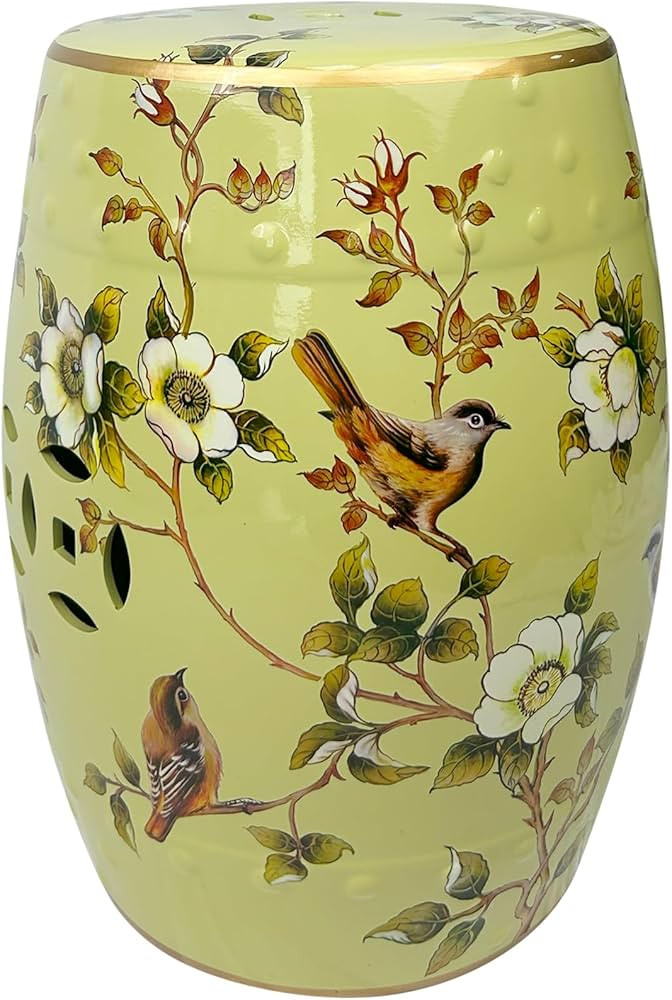 Hand-Painted Floral Bird Ceramic Drum Stool - Oriental Artistry Storage Ottoman, Accent Seat, End... | Amazon (US)