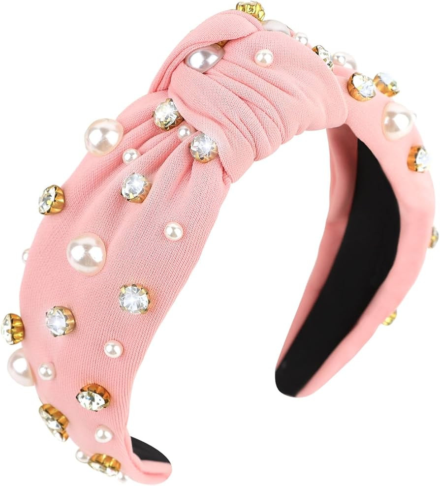 YISSION 1PC Crystal Pearl Knotted Headband for Women Non Slip Rhinestone Headband Wide Pearl Head... | Amazon (US)