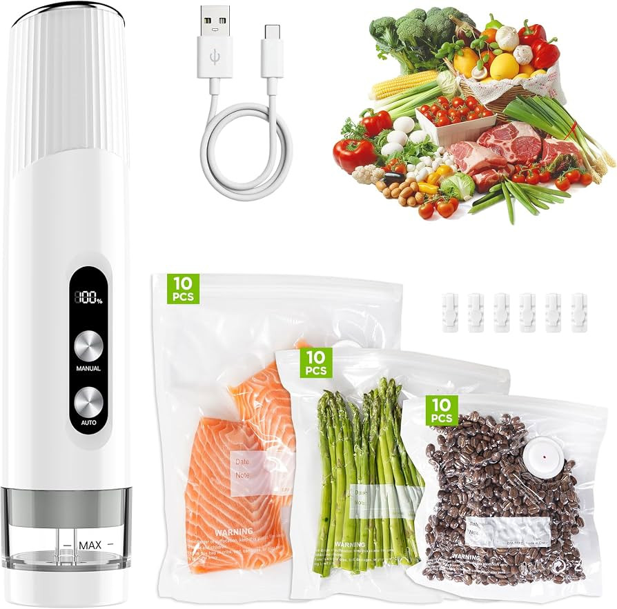 Compact Vacuum Sealer for Food, Cordless Handheld Vacuum Sealer Machine with 30 Reusable Bags, 18... | Amazon (US)