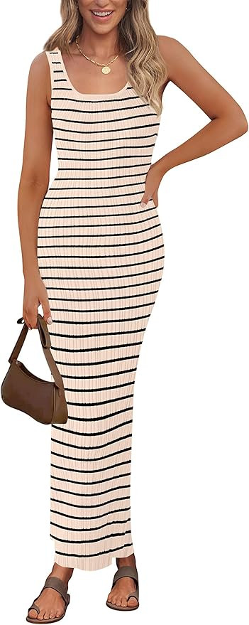 PRETTYGARDEN Womens Summer Tank Dress Casual Sleeveless Striped Ribbed Knit Long Dresses Beach Va... | Amazon (US)