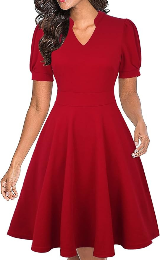 Mokayee Womens Summer Short Puff Sleeve Casual Semi-Formal Fit and Flare Church Wedding Guest Wor... | Amazon (US)