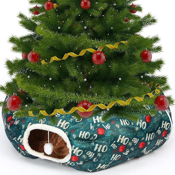 Christmas Cat Tunnel Bed for Indoor Cats Under Christmas Tree Skirt Tube with Hanging Ball Plush ... | Amazon (US)