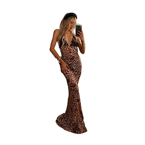 Perspective Revealing Backless Dress Sexy Deep V Lace Patchwork Printed Spaghetti Strap Maxi Dress for Women (Medium,Leopard,Medium) | Amazon (US)