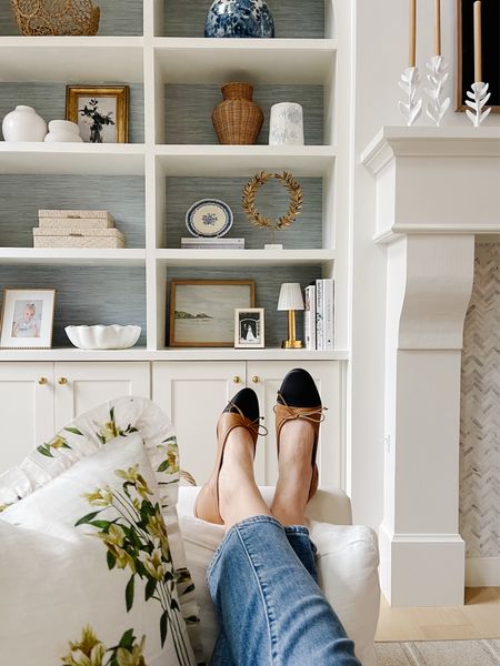 Traditional home decor - living room - cap toe ballet flats - grandmillennial pillow - floral pillow 