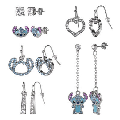 Disney Stitch Earrings Set - 6 Pairs, Silver-Plated with Crystals and Enamel, Drop and Stud Styles | Target