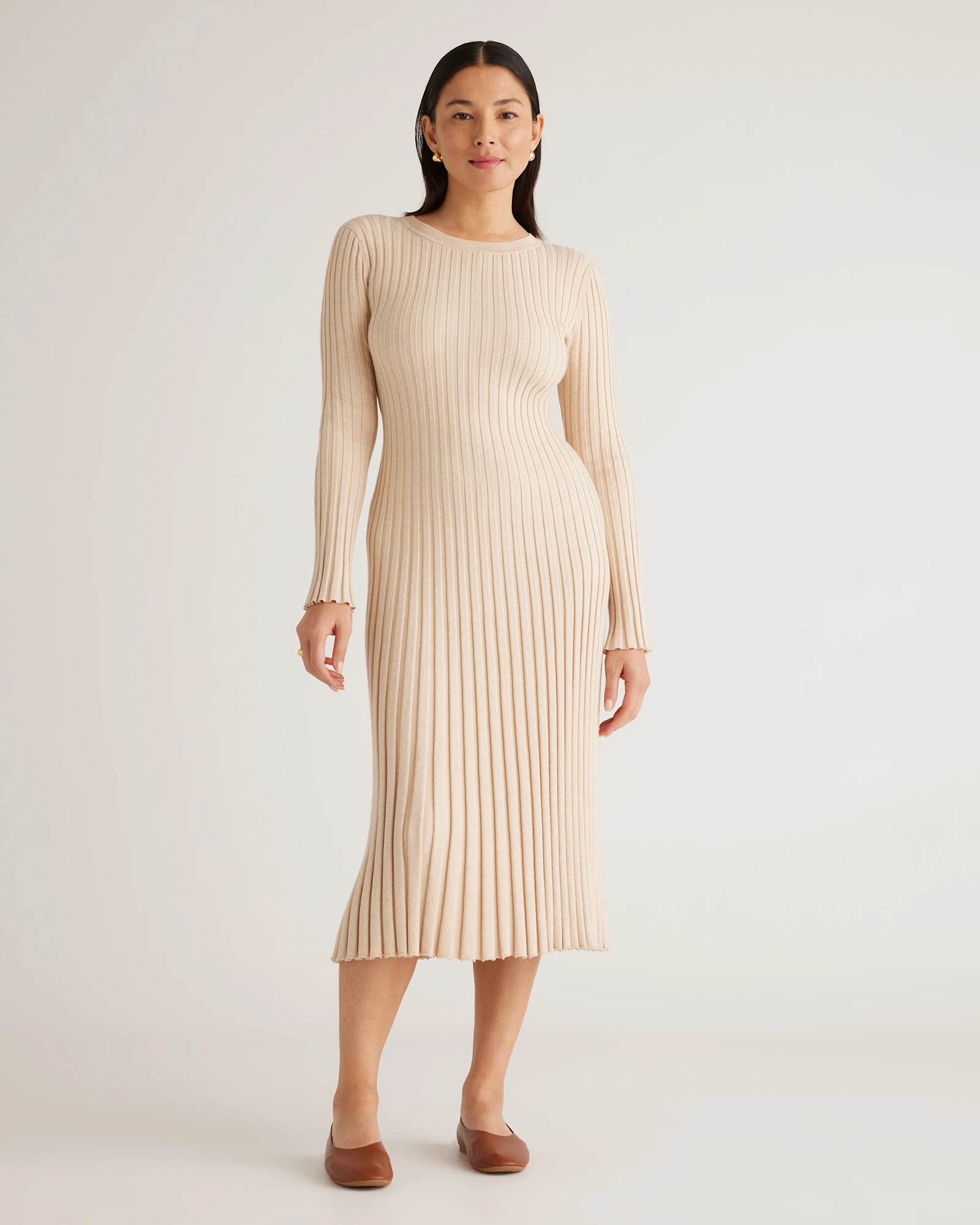 Cotton Cashmere Ribbed Long Sleeve Crew Midi Dress | Quince