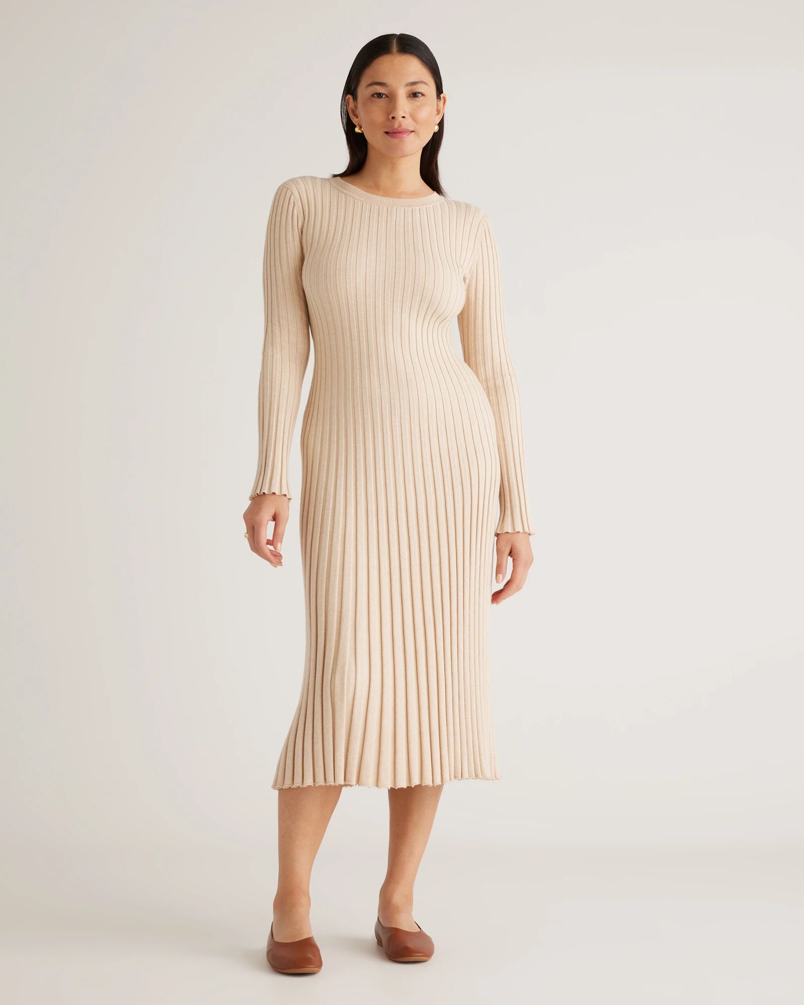 Cotton Cashmere Ribbed Long Sleeve Crew Midi Dress | Quince