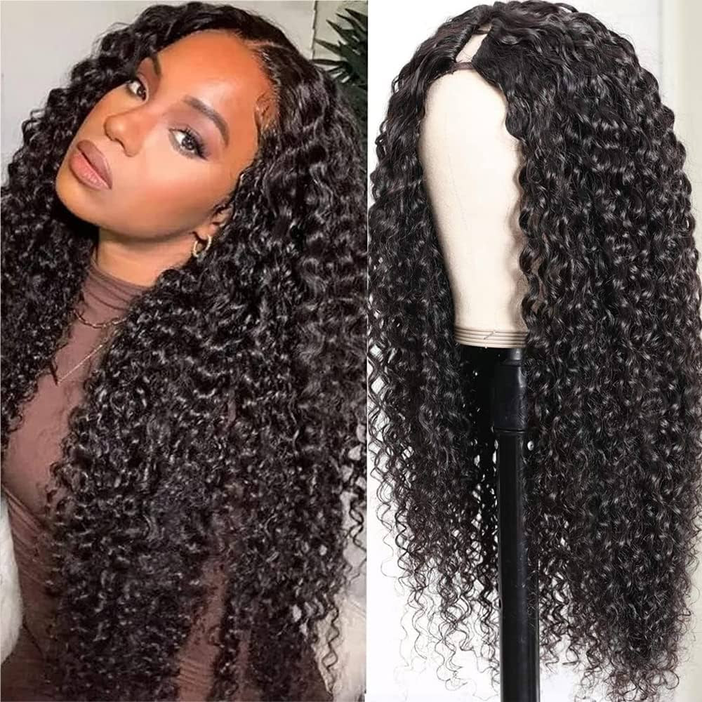 Ainmeys Curly V Part Wigs Brazilian Kinky Curly Human Hair Wigs for Black Women V Shape Wigs No L... | Amazon (US)