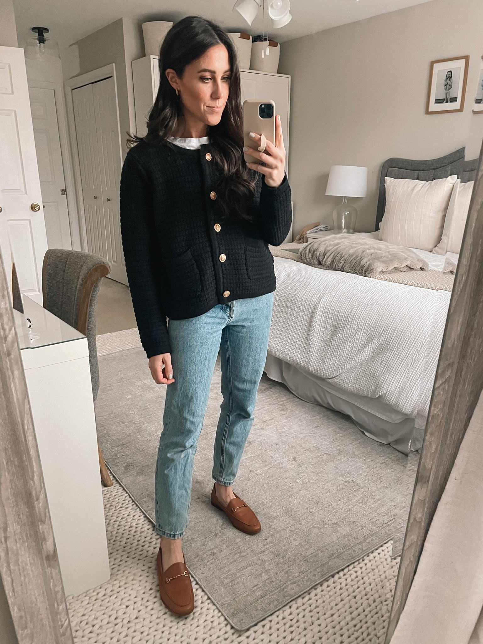 3.16.23
Gold Button Cardigan, loafers, Everlane jeans 

#LTKstyletip #LTKFind