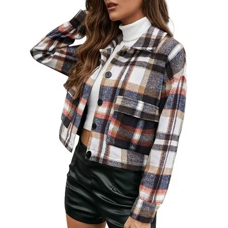 Tengma Women Long Sleeve Button Front Plaid Jackets Regular Fit Casual Plaid Shirts Coat Orange S | Walmart (US)