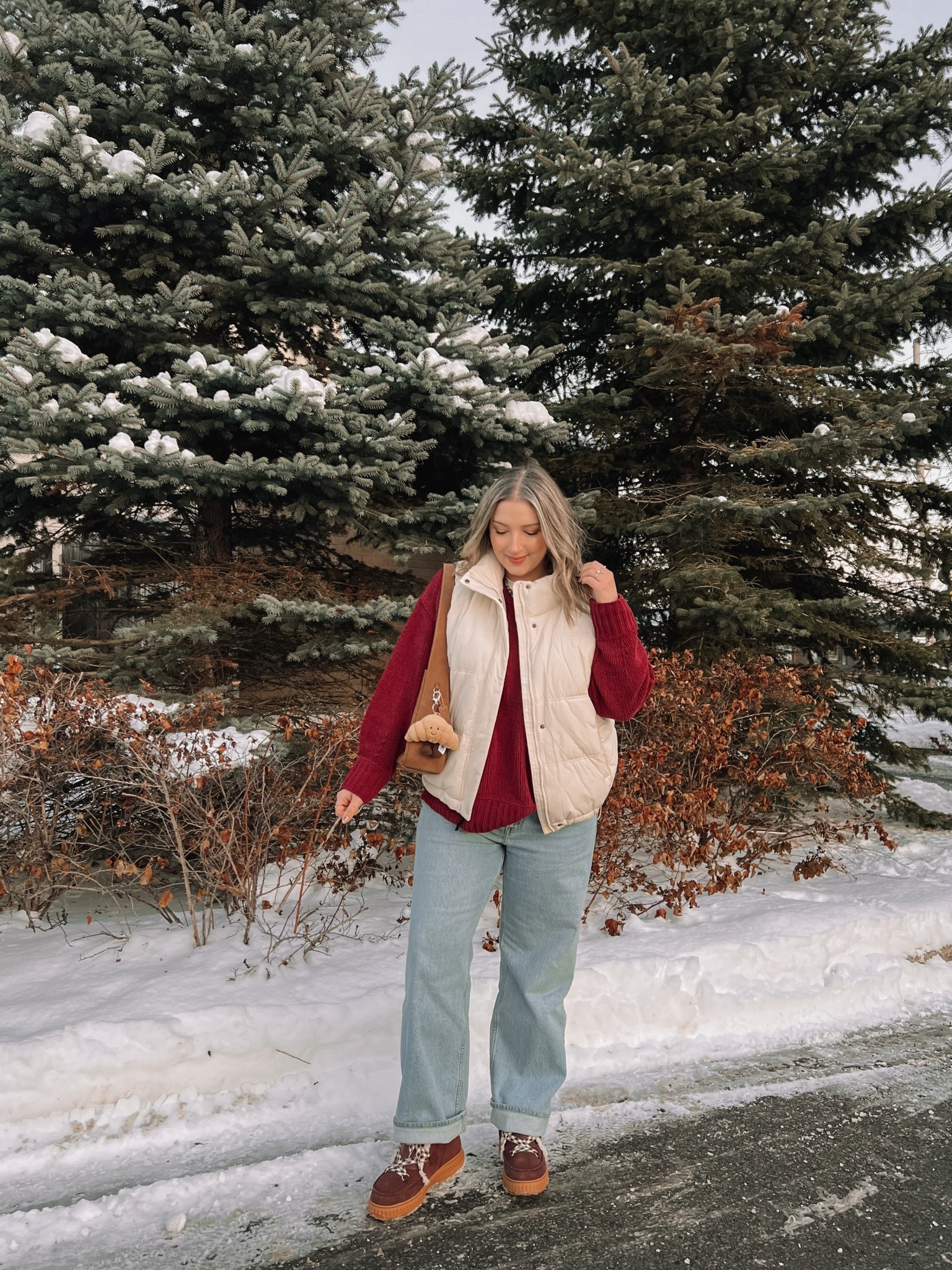 Casual winter outfit! Wearing my usual size L in the super soft chenille burgundy sweater and L tall in the puffer vest. Canadian vest link under related products. Wearing 32 in the jeans for a looser fit. My Sorel boots are waterproof and so warm! Size up if you plan to wear thick socks 

#LTKjeans #LTKmidsize #LTKwinter