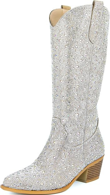 SOVANYOU Women's Rhinestone Cowboy Boots Pointed Toe Block Heel Knee High Boots with Side Zipper | Amazon (US)