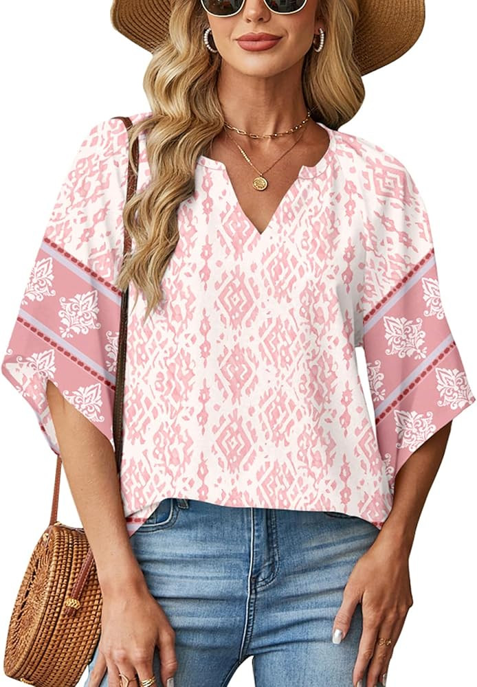 Poetsky Women's Casual V Neck 3/4 Sleeve Blouses Bohemian Print Shirts Loose Fit Tunic Tops S-3XL | Amazon (US)