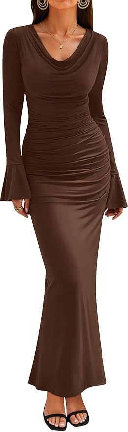 ZESICA Women's 2025 Fall Long Sleeve Ruched Knit Bodycon Maxi Dress Cowl Neck Back Slit Formal We... | Amazon (US)