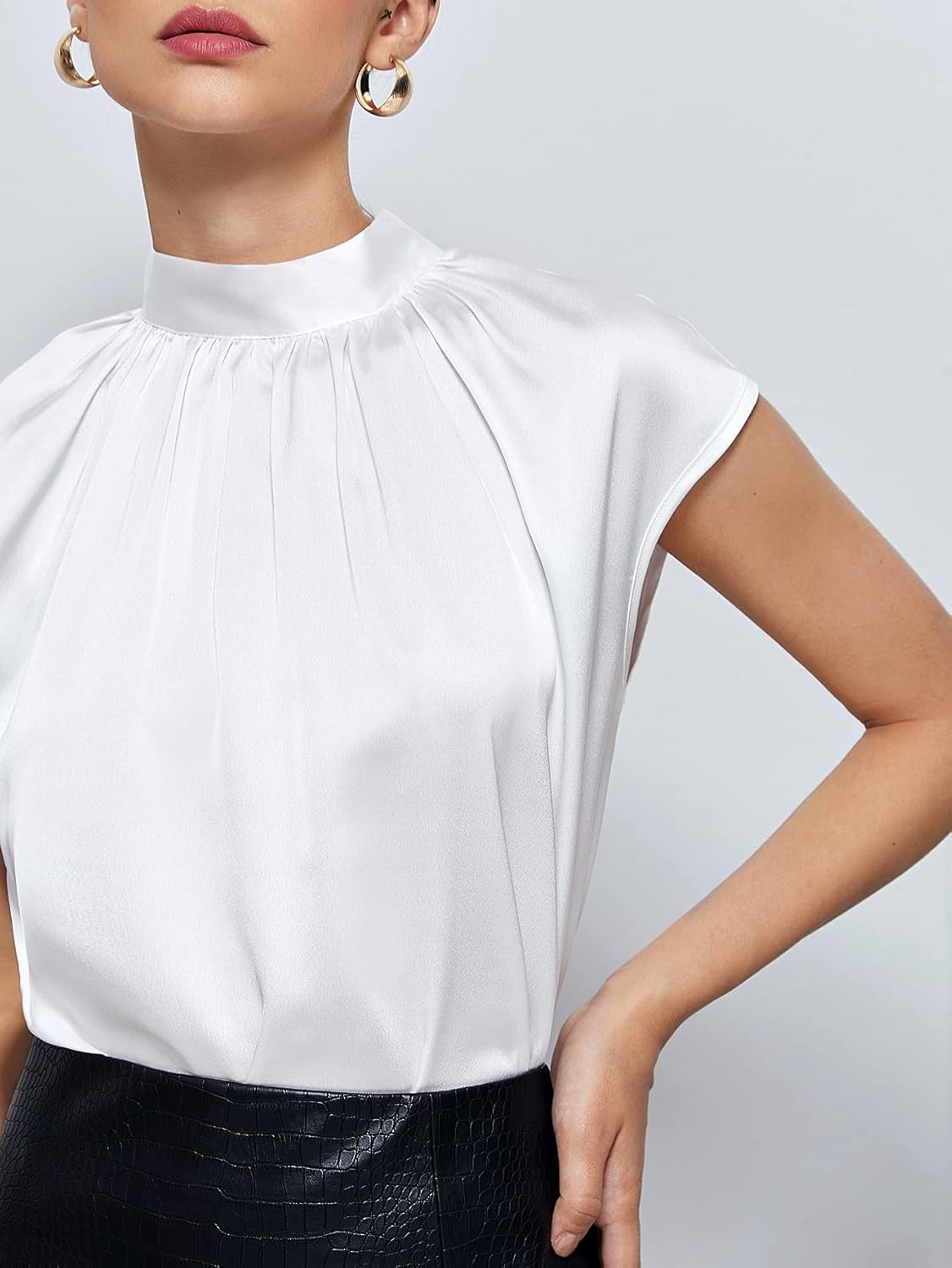 SOLY HUX Women's Mock Neck Satin Silk Short Sleeve Shirt Tie Back Work Blouse Casual Top | Amazon (US)