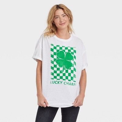 Women's St. Patrick's Day Short Sleeve Oversized Graphic T-Shirt - White Checkered | Target