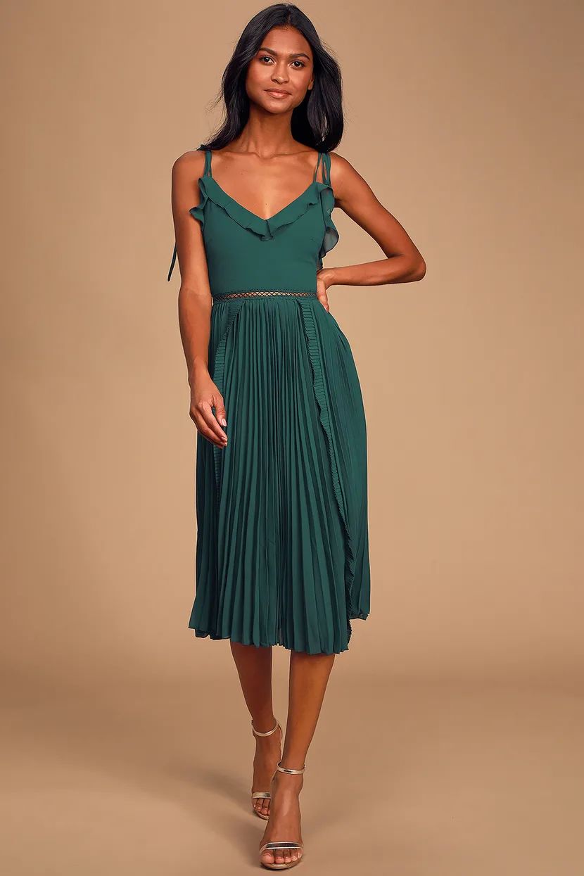 Never a Dull Moment Emerald Green Tie-Strap Pleated Midi Dress | Lulus (US)