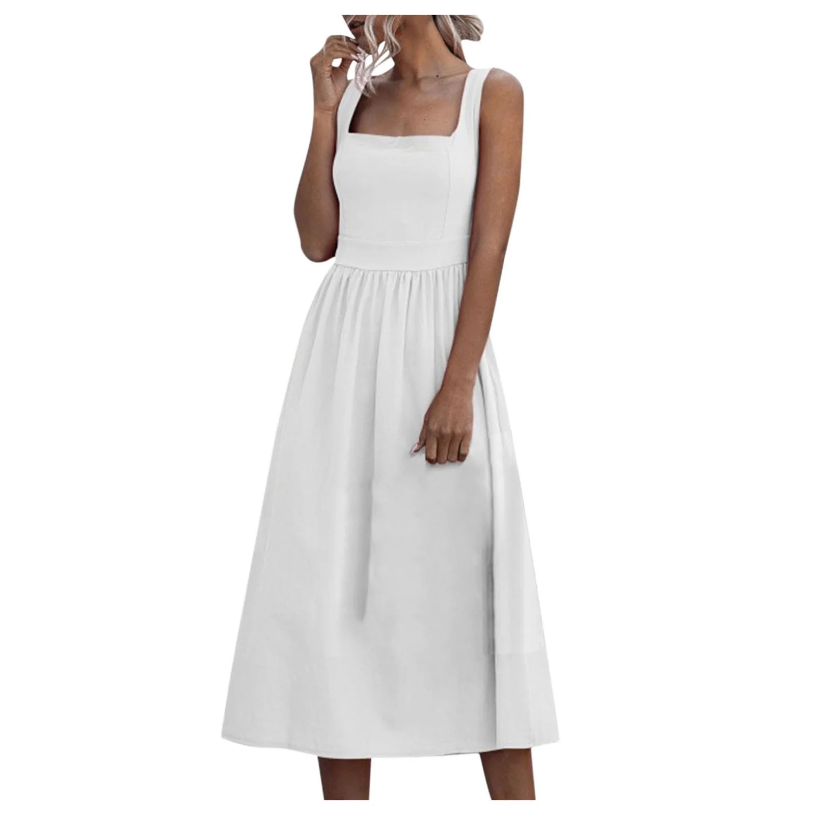 Fimkaul V Neck Midi Dress for Women Women's New Casual Solid Color Tube Top Strap Dress White M | Walmart (US)