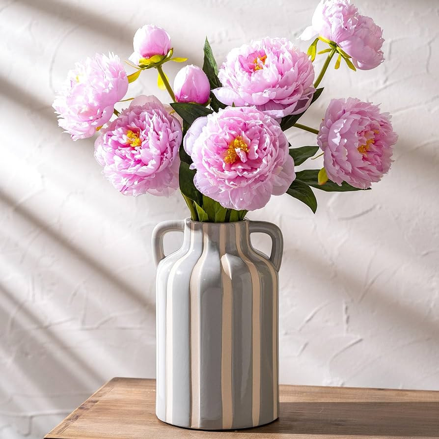 Ceramic Grey and White Checkered Stripes Vase with Handles, Hand-Painted Modern Minimalist Bohemi... | Amazon (US)