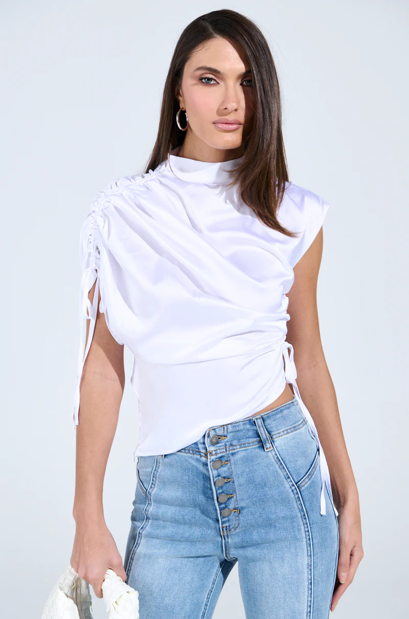 EXQUISITE ASYMMETRICAL SATIN BLOUSE TOP | AKIRA