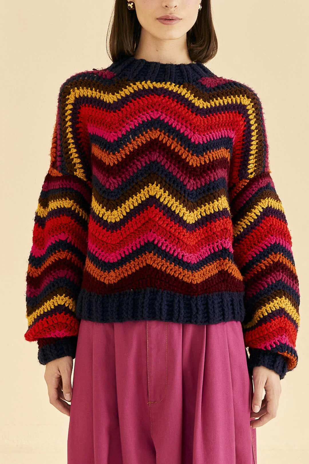 Colorful Waves Crochet High Neck Sweater | FarmRio (US)