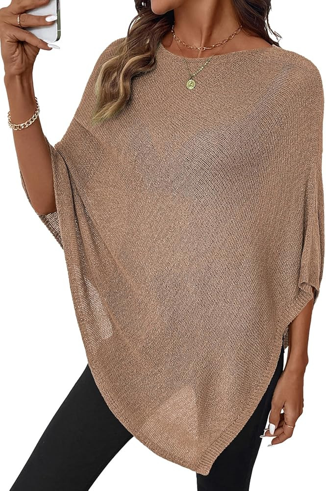 SHEWIN Womens Sheer Knit Poncho Crochet Summer Tops See Through Mesh Spring Sweaters Beach Cover ... | Amazon (US)