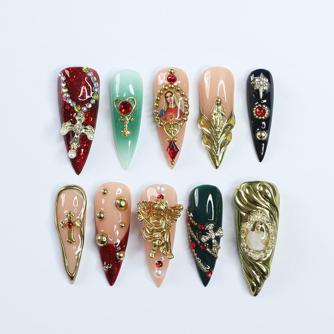 Christmas Press on Nails With Cross and Angel Accents, Virgin Mary Long Stiletto Nails in Red, Gr... | Etsy (US)