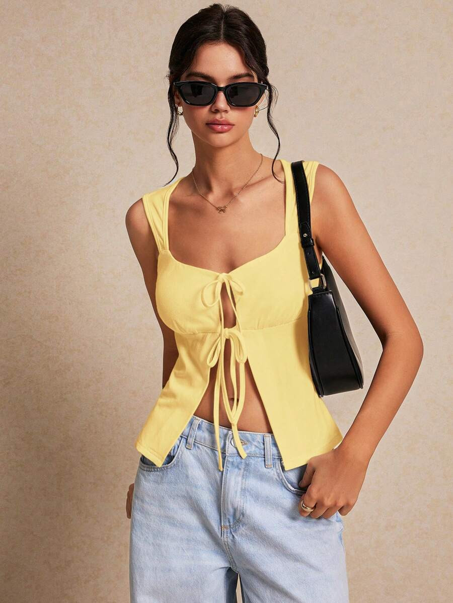 Poéselle Simple Solid Women's Centre Front Lace Up Tank Top, Knitted Lace Up Tank Top, Short Wom... | SHEIN